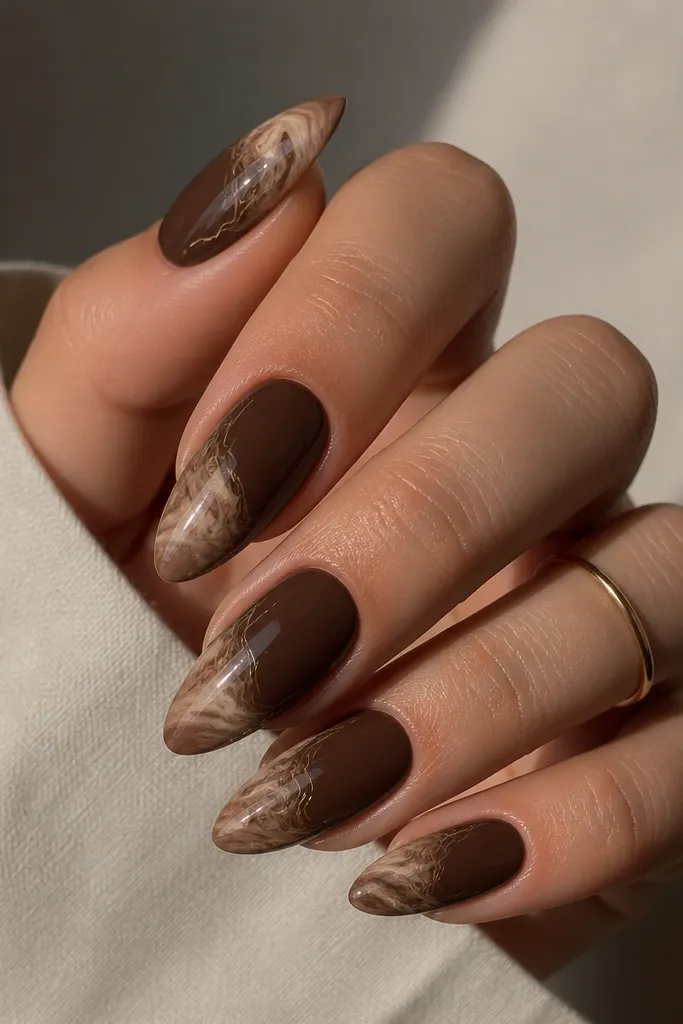 Almond nails with a chocolate brown base. At the tips, warm beige marble swirls spread like soft clouds, with thin white-beige lines. Glossy finish, swirls are concentrated on the outer third.