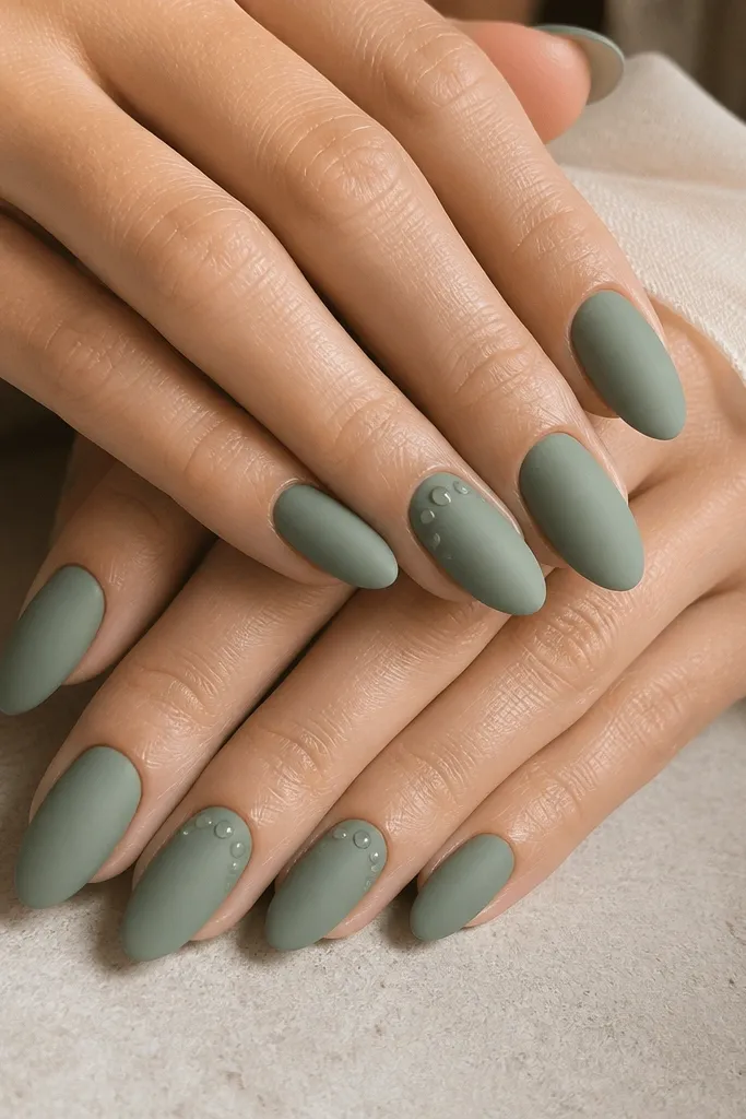 Almond nails in sage smoke green with a matte finish. On two accent nails, there are three tiny glossy dots near the cuticle, spaced evenly. The dots stand out against the matte background.