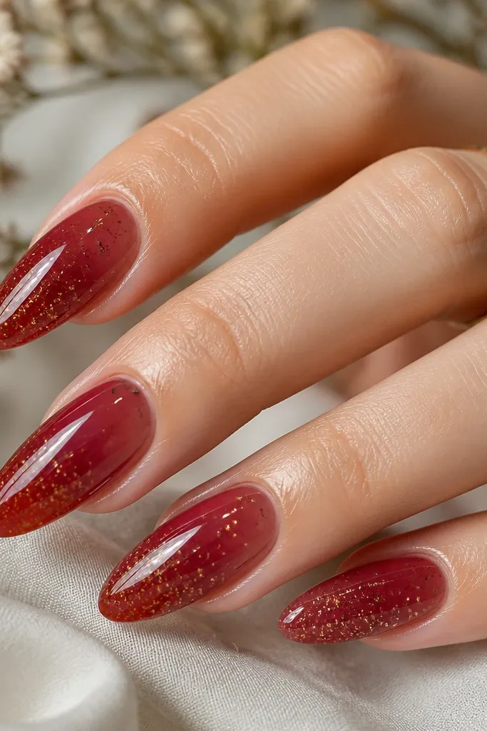 Almond nails coated in a translucent cranberry jelly. Gold micro-specks look suspended inside the jelly, denser near the tips. Everything is glossy and smooth, with a wet-look shine.