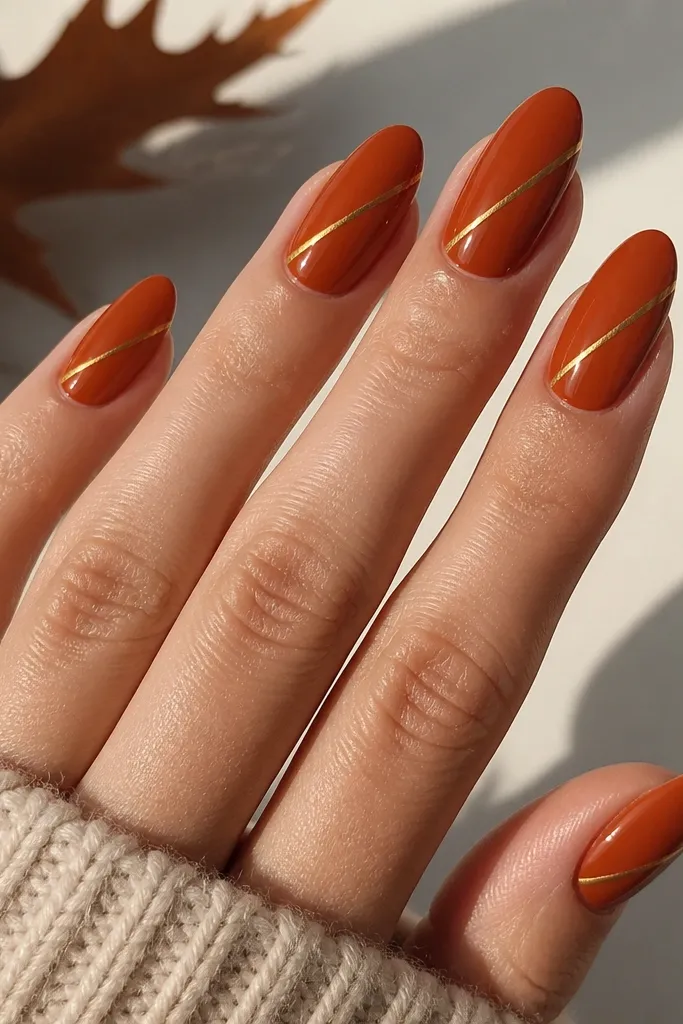 Almond nails in a warm maple orange-brown. Each nail has a thin diagonal stripe of orange-gold foil running from mid-nail toward the tip. Glossy top coat, stripe edges are sharp and narrow.
