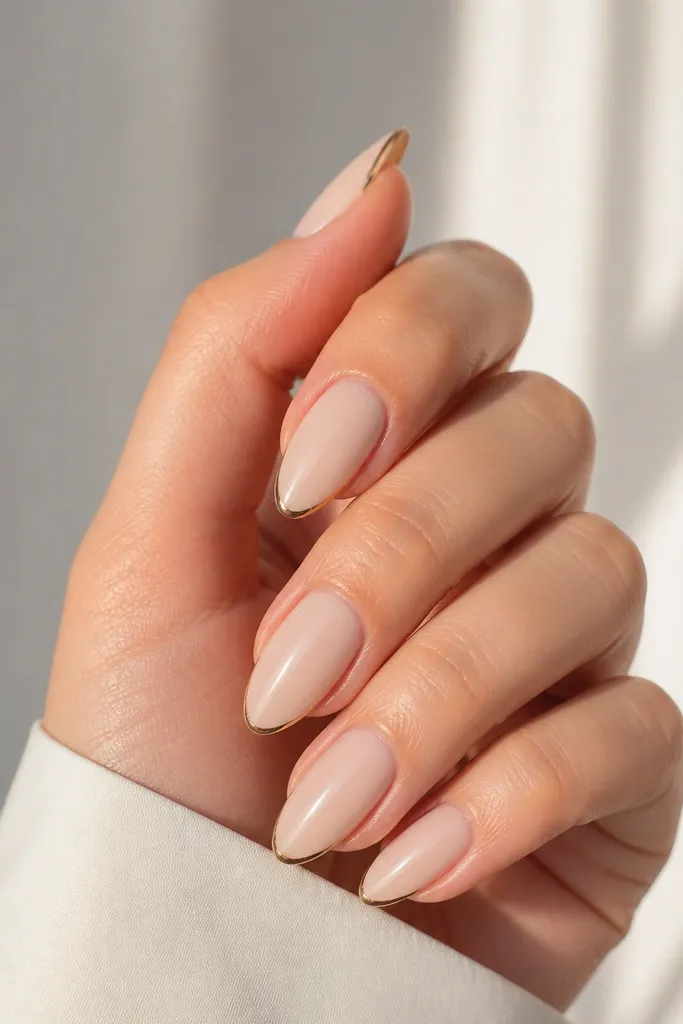Almond nails in a milky oat nude base. Tips have ultra-thin caramel lines like a micro French, with a glossy finish. The lines are narrow and even across all nails.