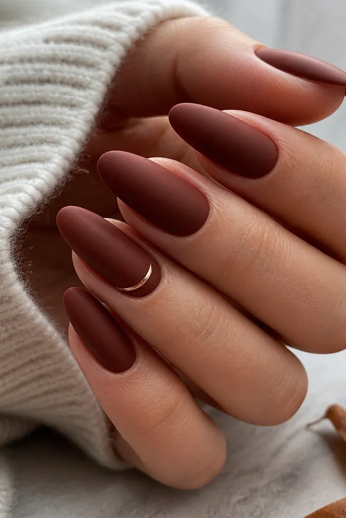 Almond nails painted deep rust-brown with a velvety, soft-focus look. The finish is not fully matte - it's smooth and muted, with no visible brush strokes. One accent nail has a single thin gold line near the tip.