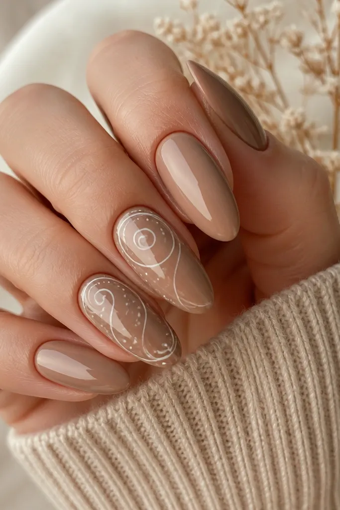 Almond nails in a creamy mocha latte nude-brown. On two nails, thin white line art outlines tiny swirls and dots like cocoa powder patterns. Glossy finish, lines are crisp and thin.