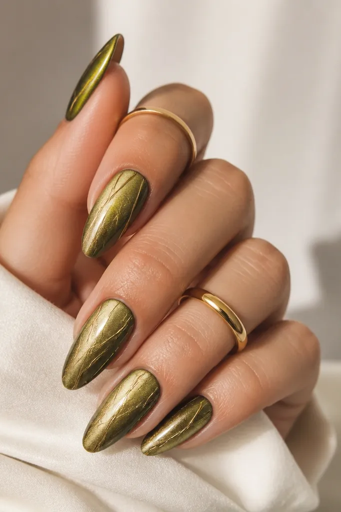 Almond nails in golden olive metallic-green. Each nail has thin crisscross lines of gold chrome running diagonally from mid-nail to tip. The chrome lines look like thread and stay sharp against the metallic base.