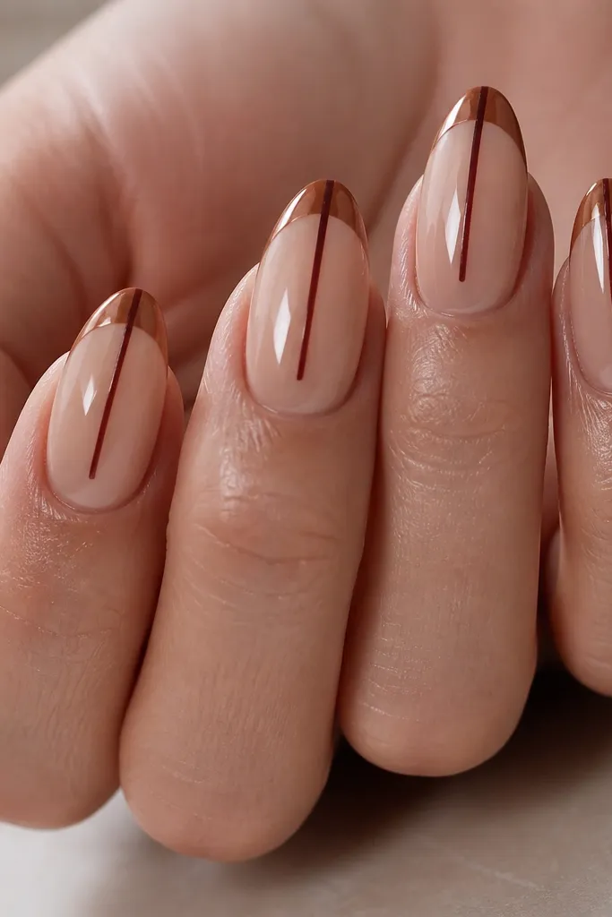 Close-up of medium-length almond nails. Base is warm nude. Tips are painted in cinnamon-brown French. A thin dark burgundy line runs straight down the center of each French tip. Glossy top coat makes the stripe shine.