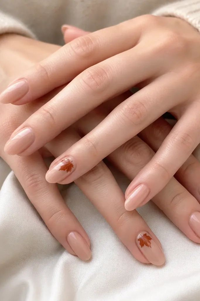 Nude almond nails with one accent nail per hand. The accent nails have a small maple leaf near the cuticle area in burnt orange and dark brown. Other nails are plain nude with glossy shine.
