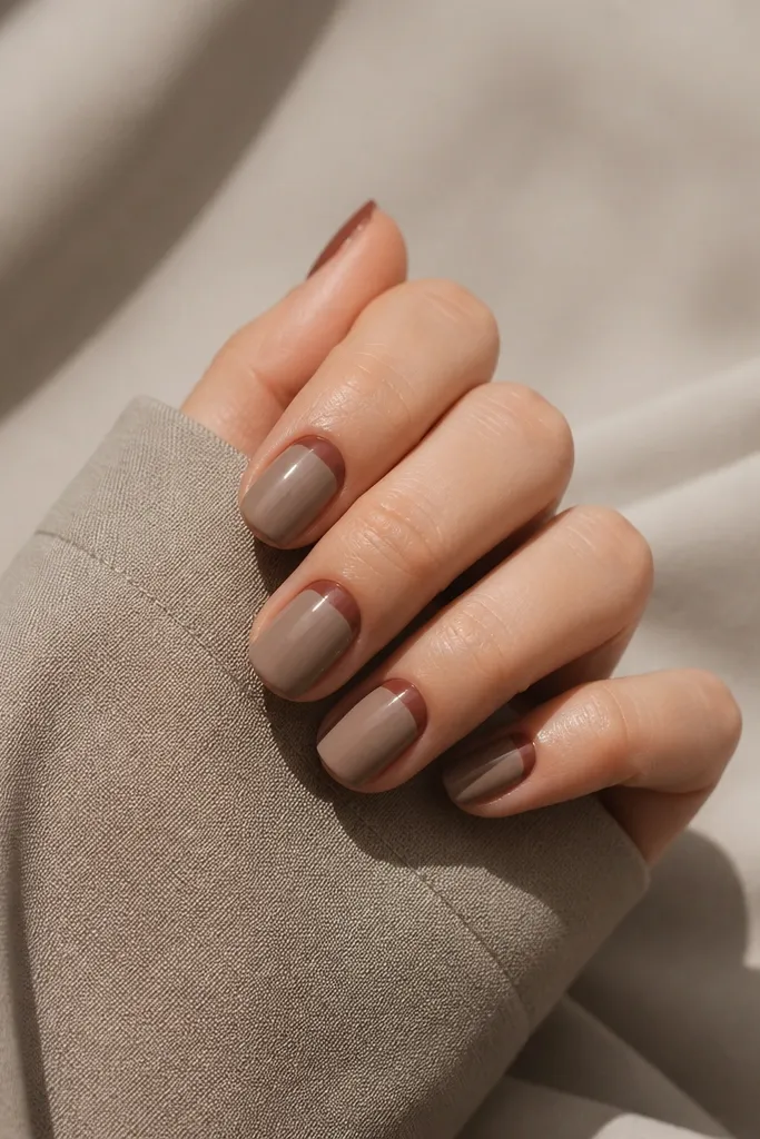 Reverse French manicure on short-to-medium nails. Base is taupe-beige. Half-moon shapes at the cuticle are painted in brick orange. The rest of each nail is clean and matte, with a soft velvety finish.