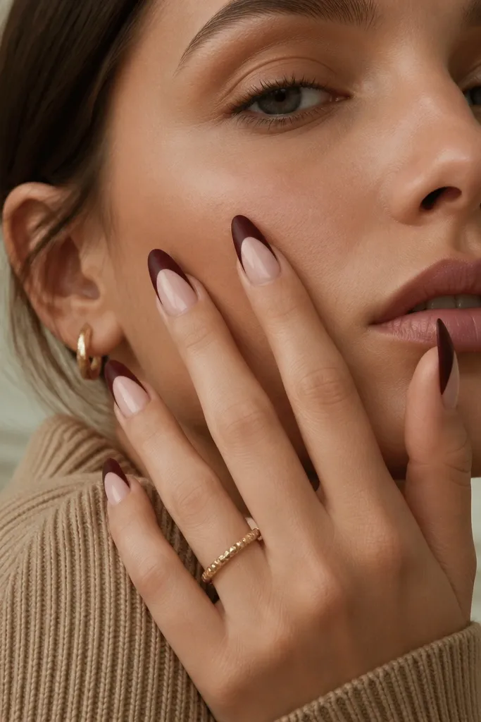 Long almond nails with a nude base. Only the tips are painted deep burgundy. The burgundy area looks velvety and matte, while the base remains glossy nude.