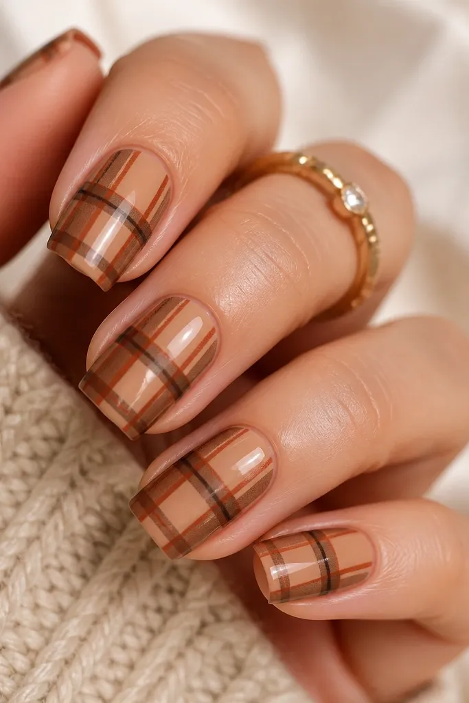 Square nails with a warm nude base. Plaid pattern in burnt orange and dark brown forms checks across the nail. Lines are straight and crisp, with a glossy finish.