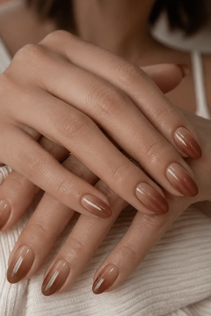 Glazed ombre nails. The base is caramel nude, fading into cinnamon brown at the tips. Finish is glossy and smooth with no harsh line.