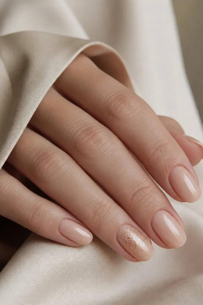 Nude nails with glossy finish. Ring finger nails have a bronze glitter "half-sleeve" that starts around the middle and fades toward the tip. The other nails are plain nude.