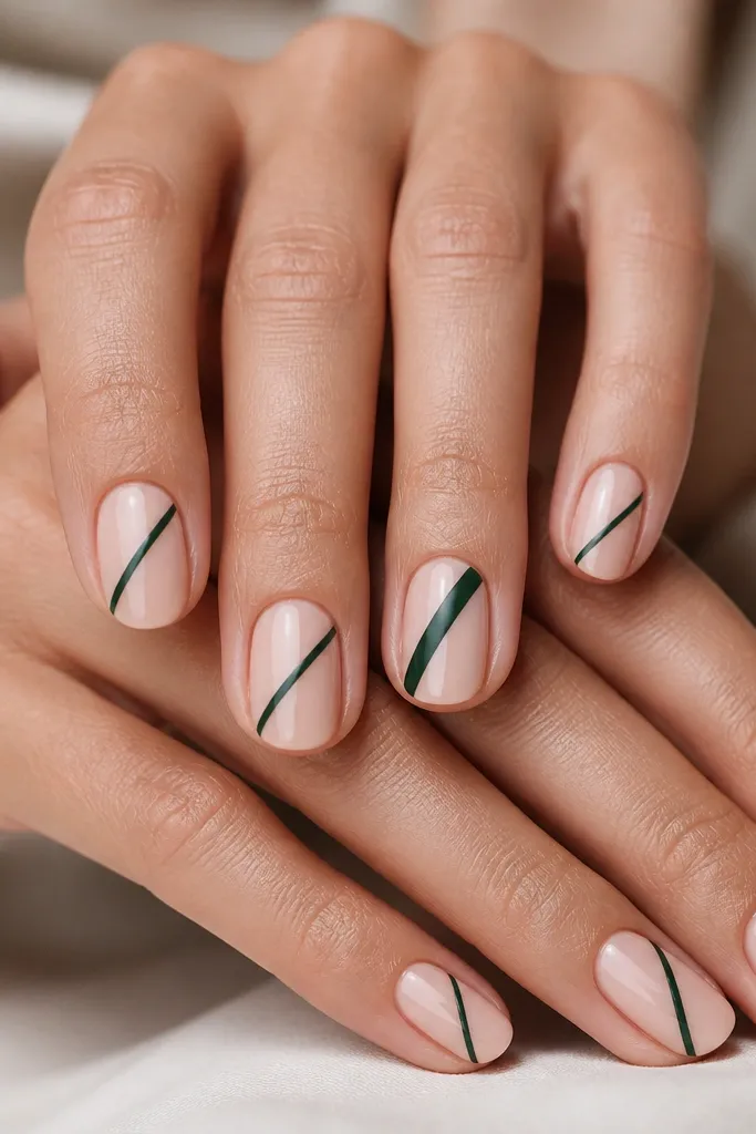 Nude nails with one diagonal accent stripe. Stripe is forest green and runs from the lower left toward the upper right. One nail has a slightly thicker stripe for variation. Glossy finish.