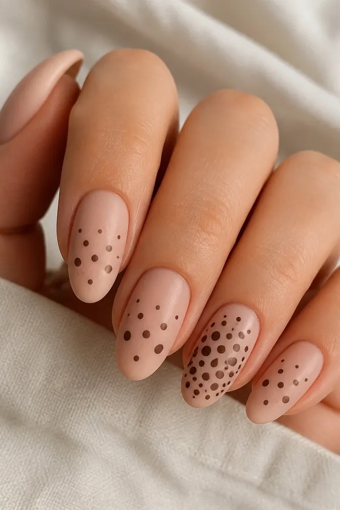 Nude nails with a matte top coat. Chocolate brown dots are scattered in a gentle pattern, with larger dots near the center and smaller ones toward the sides. One nail has a thicker dot cluster.