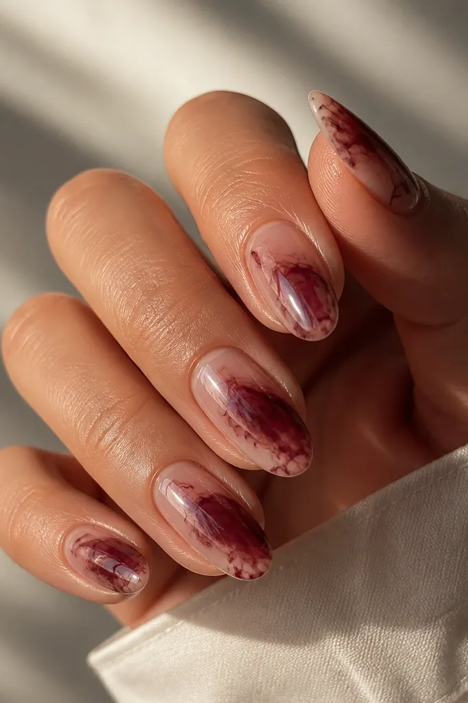 Nude-to-clear jelly base nails. Burgundy marble swipes run diagonally with soft, cloudy edges. The finish is glossy and looks like glass.