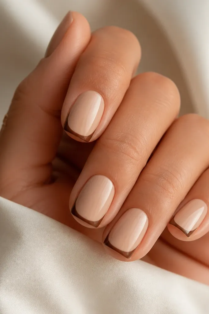 Short square nails painted a creamy beige nude. A thin French tip line is cinnamon brown, and the two upper corners of each tip are filled with deeper cocoa brown, creating a neat angled frame.