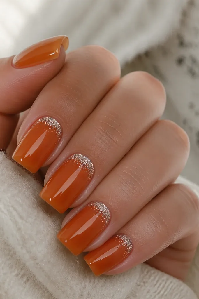 Square nails with a translucent burnt orange jelly polish. Near the cuticle, there's a small band of clear glitter that looks like frost, with no glitter spill onto the rest of the nail.