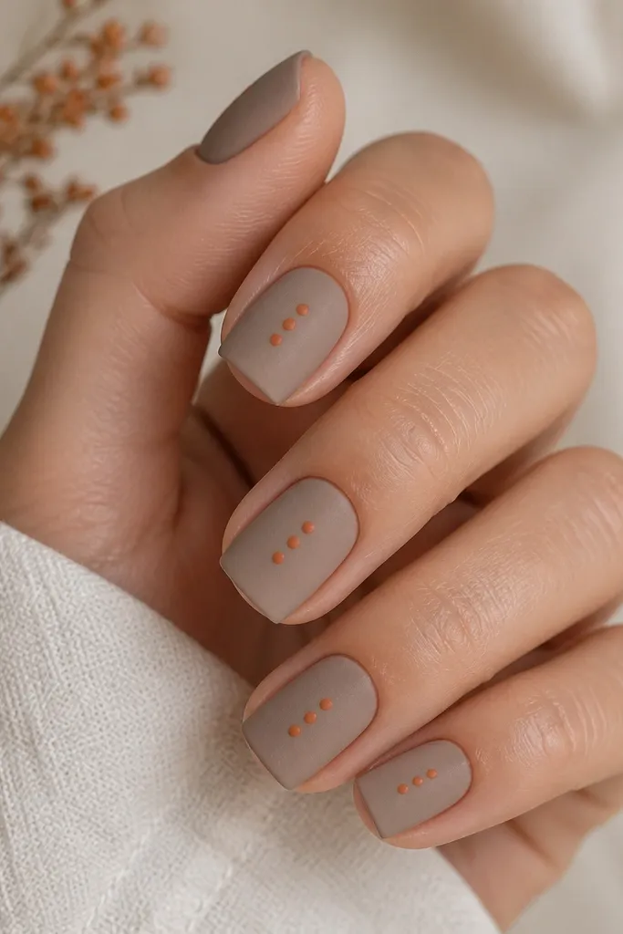 Square nails painted a soft taupe with a matte velvet finish. Each nail has three tiny rust-orange dots arranged in a vertical line near the center.