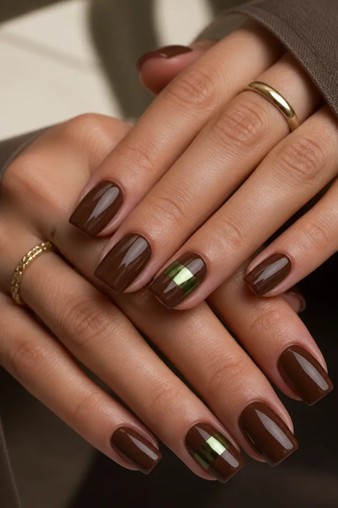 Square nails painted a glossy chocolate brown. On two accent nails, there's an olive-green chrome stripe across the center, with a mirror-like shine.