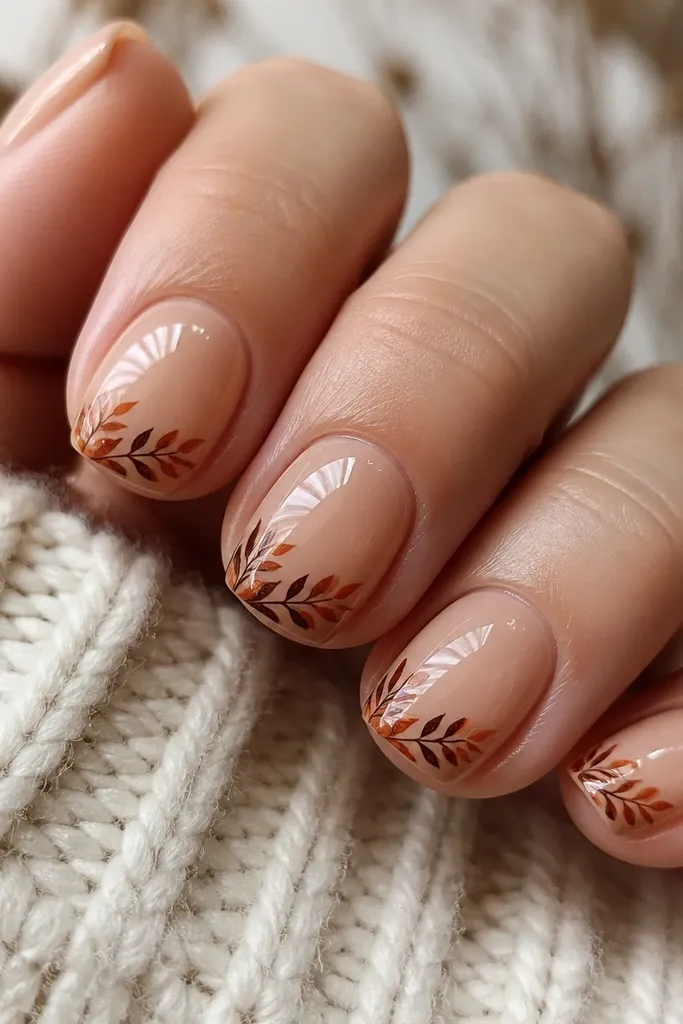 Short square nails in warm nude. The tips have small leaf silhouettes in burnt orange and dark brown, concentrated at the outer corners, with a thick glossy top coat that looks domed.