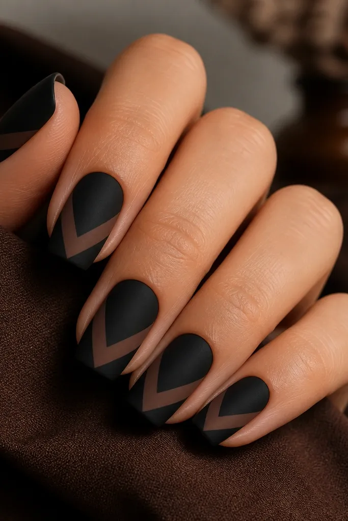 Square nails painted matte black. Diagonal geometric lines in cocoa brown form a clean V-shape across the center of each nail.