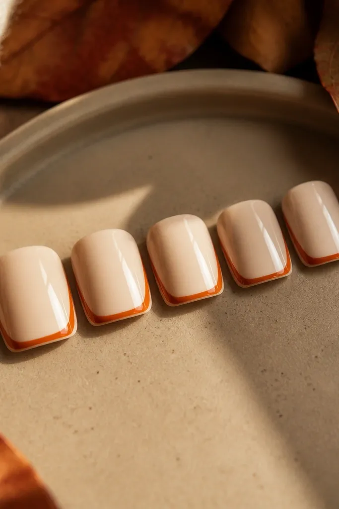 Square nails in creamy oat nude. The tip has a thin rust outline around the outer edge, like a double line, with the center of the tip left nude.