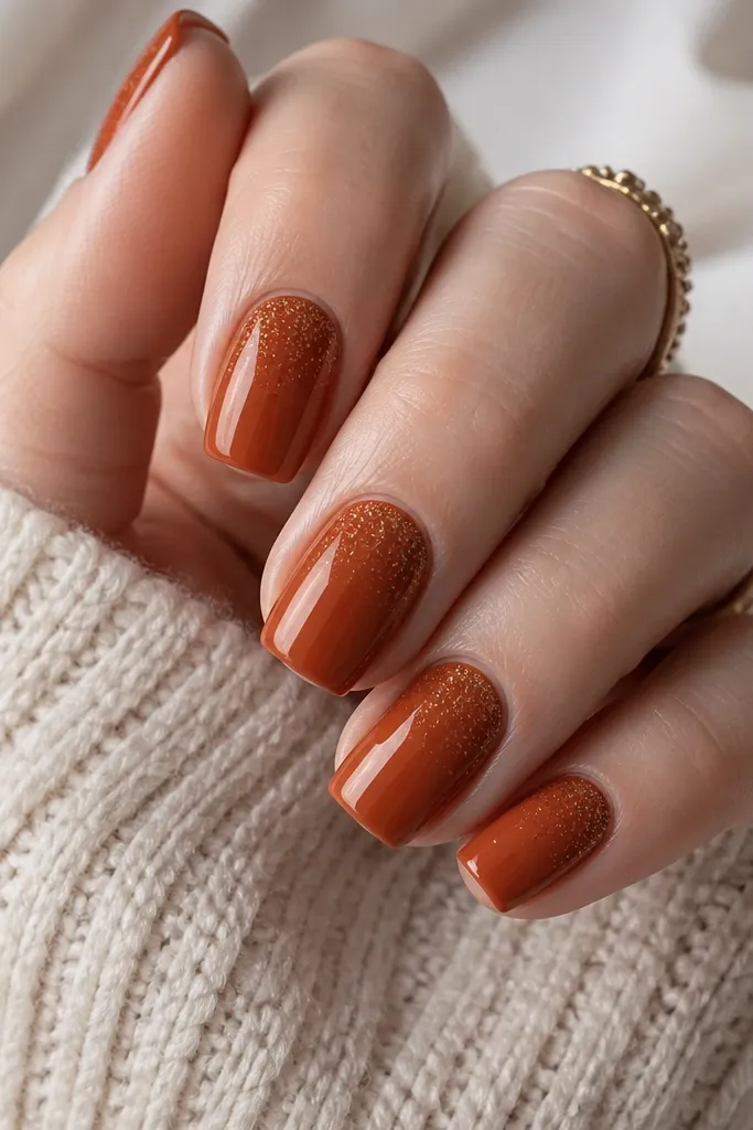 Square nails painted glossy glazed terracotta. Each nail has tiny micro gold flecks scattered lightly, concentrated mostly near the cuticle and fading toward the tip.