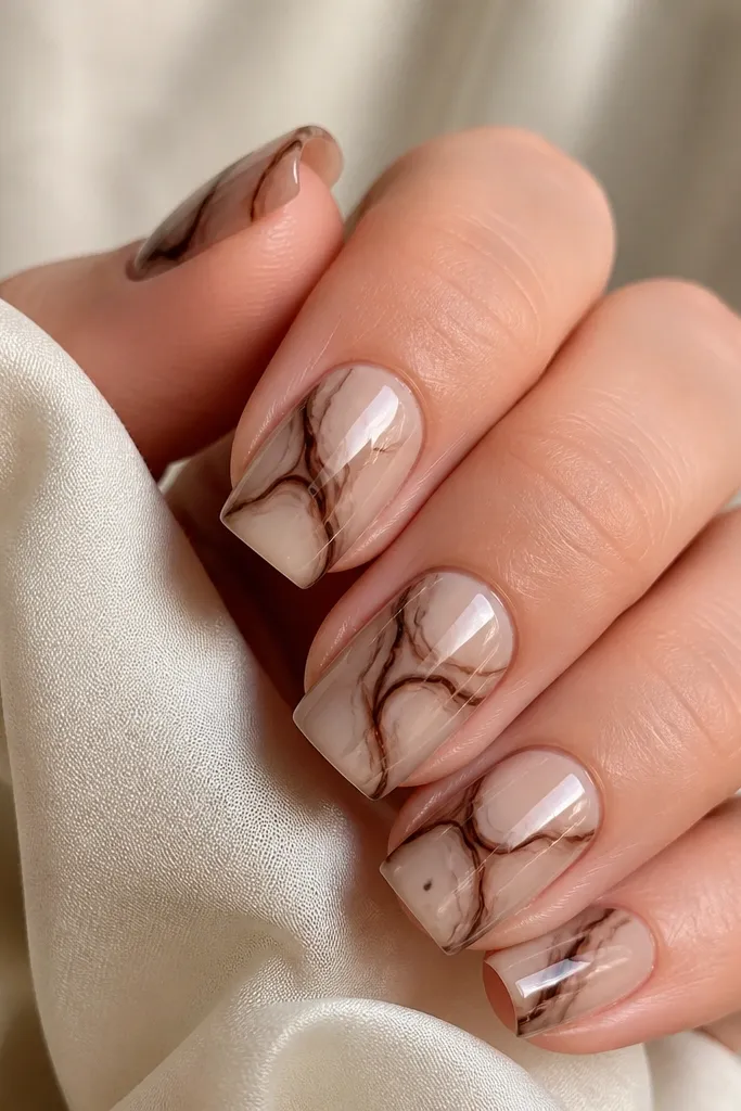 Nude square nails with a soft marble effect. Thin espresso brown swirls twist diagonally across each nail, with a glossy finish and slightly thicker vein lines.