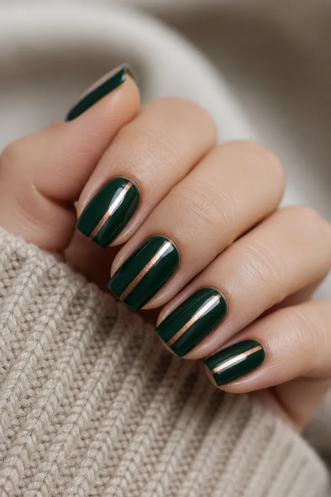 Square nails in deep emerald green, glossy. A single copper metallic stripe runs vertically down the center on each nail, crisp and straight.