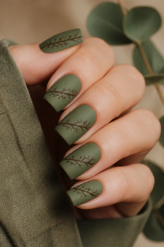 Square nails painted moss green with a matte finish. Across the center is a leaf-vein pattern in chocolate brown, like a small branch with branching lines.