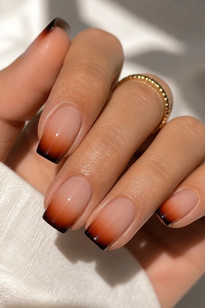 Square nails in warm nude. The tips fade from blackened orange at the outer edge into the nude center, with a smooth ombre gradient and glossy finish.