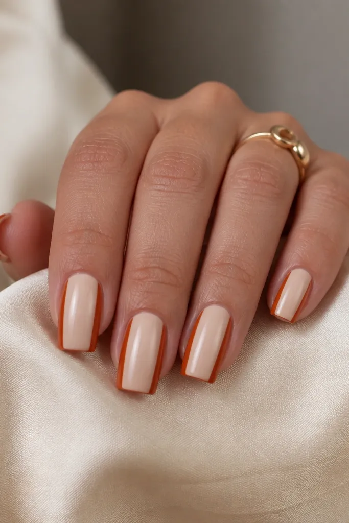 Creamy nude square nails with a glossy finish. Two rust vertical stripes run along the left and right side panels, leaving the center clean and smooth.
