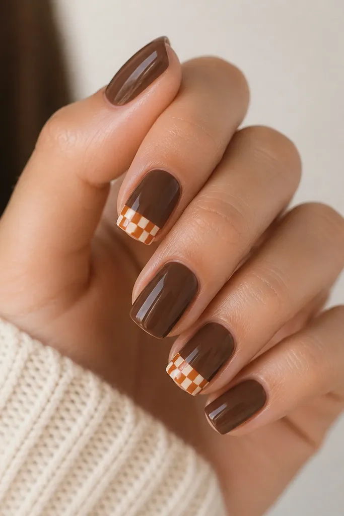 Square nails painted glossy cocoa brown. On two accent nails, there's a small checkered pattern near the tip in burnt orange and warm cream, with crisp tiny squares.