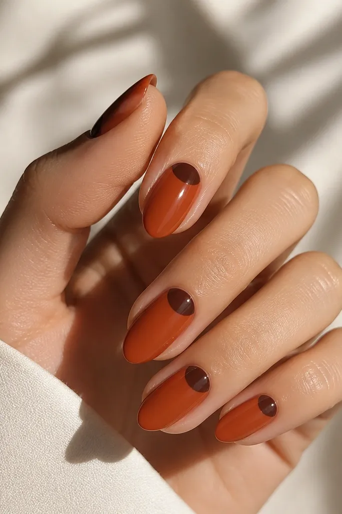 Short almond nails painted burnt orange cream. On each nail, a smooth espresso-brown half-moon sits at the cuticle edge, leaving the rest burnt orange. Glossy finish with crisp, curved lines.
