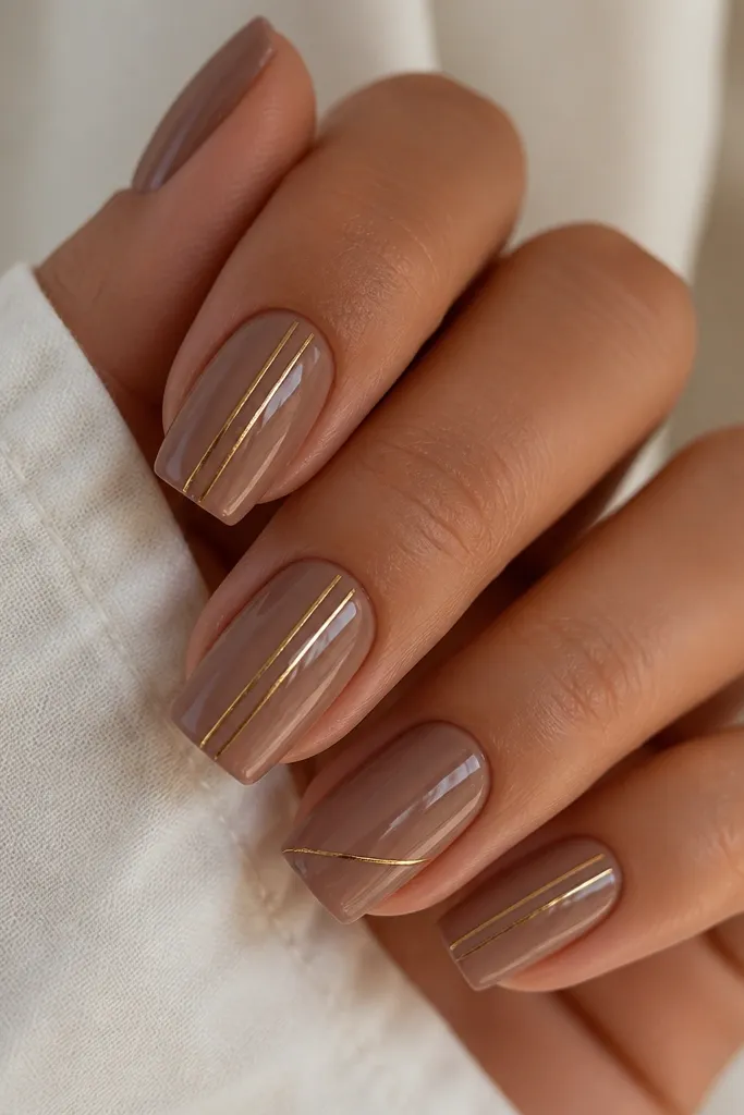 Square nails in a mocha nude base. Two ultra-thin gold striping lines run vertically near the center on each nail. One accent nail has a tiny gold diagonal line. Glossy top coat.