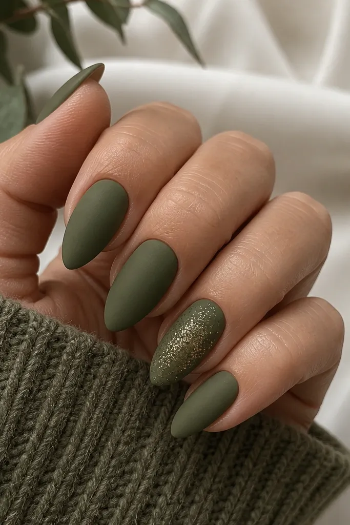 Almond nails painted olive green matte. The ring finger has a concentrated olive-gold glitter top over the center, fading slightly toward the edges. Other nails are fully matte. No rhinestones, clean edges.