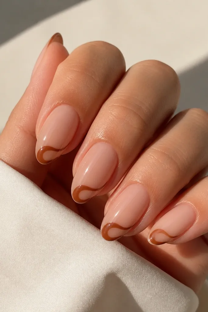 Nude pink almond nails with cinnamon-brown swirl tips at the free edge. Each nail has a curved, S-like swirl pattern, slightly different sizes. Glossy finish, clean nude cuticles.