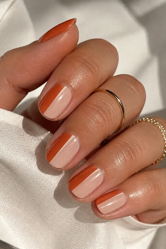 Short oval nails split in half: terracotta orange on the outer half of the nail and nude on the inner half. A thin negative-space line runs vertically down the center. Glossy finish.