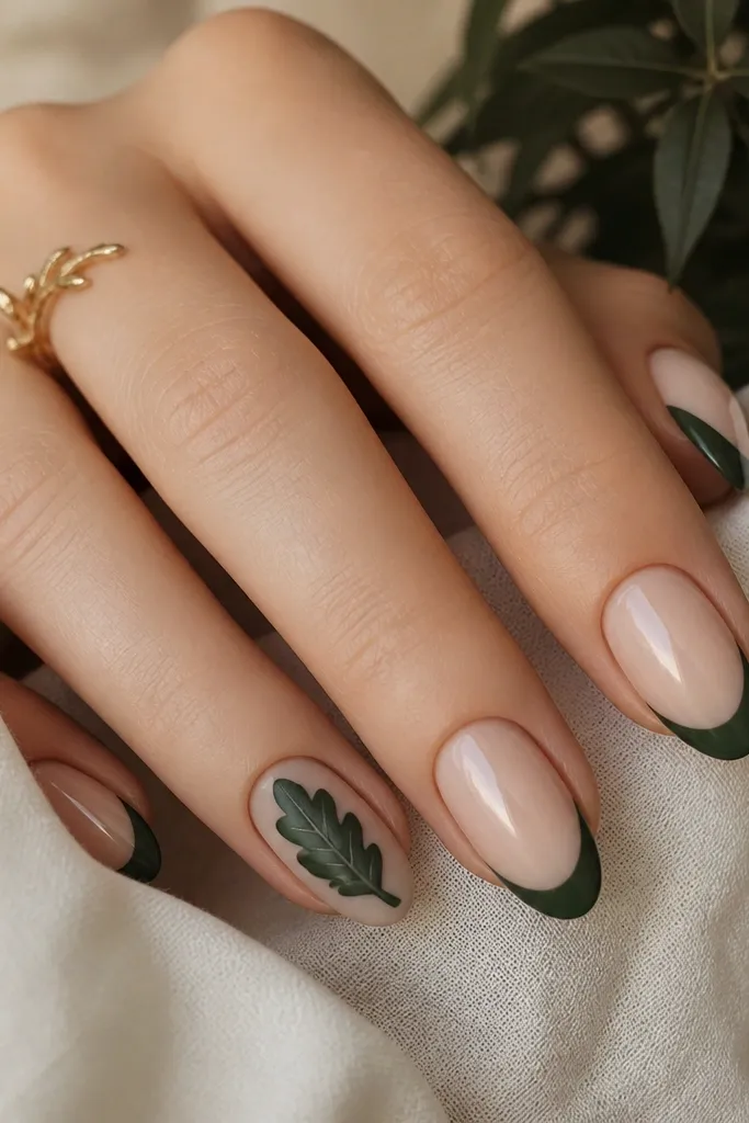 Oval nails with a nude base and a forest-green French tip. On the ring finger, a matte leaf silhouette sits near the cuticle: dark green leaf with a lighter green center. Matte finish on the leaf nail, glossy elsewhere.