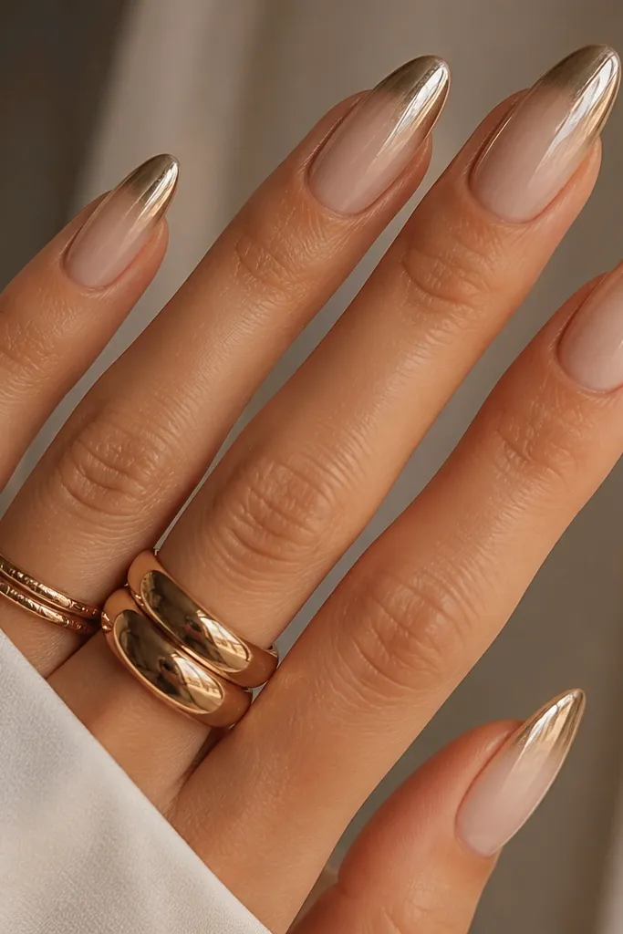 Almond nails with a soft nude base. The tips have a champagne chrome fade that starts around mid-tip and fades down. The chrome looks mirror-like with smooth gradient. Glossy top coat.
