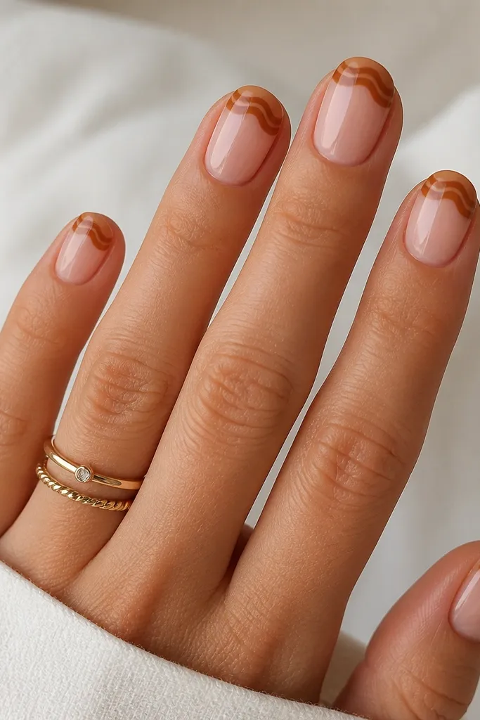Short square nails with a nude base. Instead of a straight French tip, there are caramel-brown curved swirls at the free edge that look like stacked commas. Glossy finish.