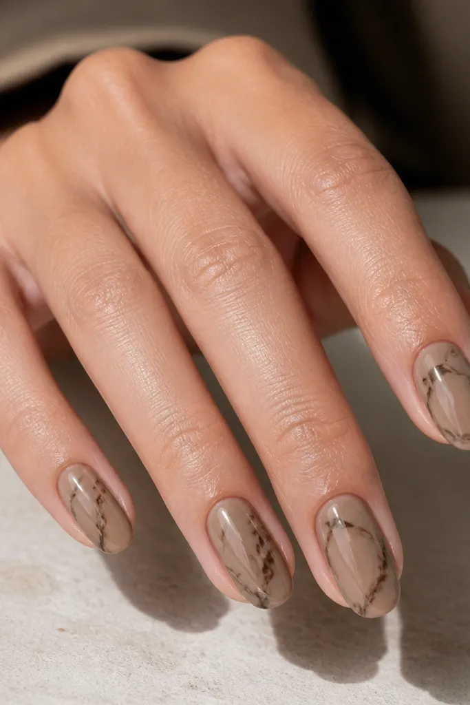 Oval nails in a taupe base. Each nail has marble veining in burnt umber that looks organic and slightly different on every nail. Glossy finish, thin lines, natural marble pattern.