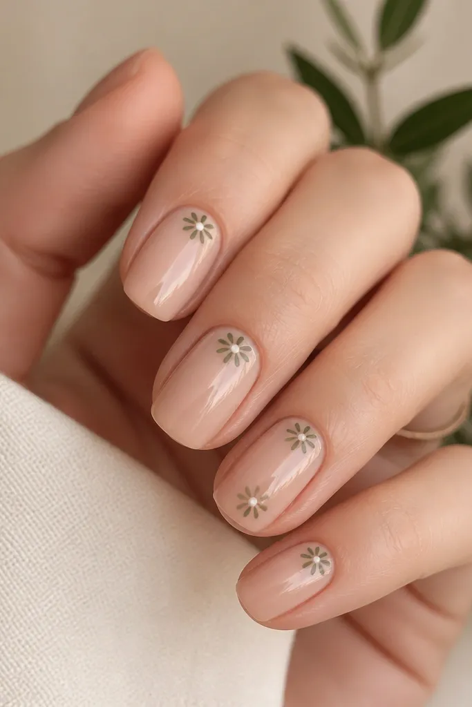 Nude pink nails with tiny sage green flowers near the cuticle. Each flower has a small round center dot and short petal strokes. One accent nail has two flowers. Glossy finish.