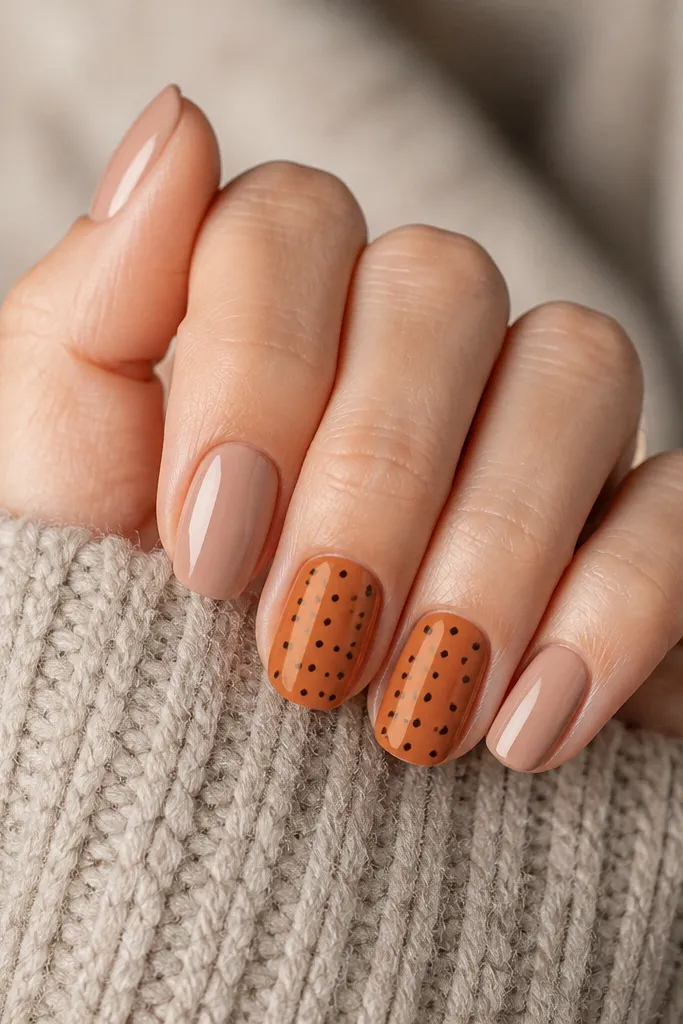 Nails mostly painted warm nude. On two accent nails, pumpkin orange covers the nail. On the pumpkin nails, a brown dot grid pattern sits in neat rows with small dots. Other nails are solid nude with glossy finish.