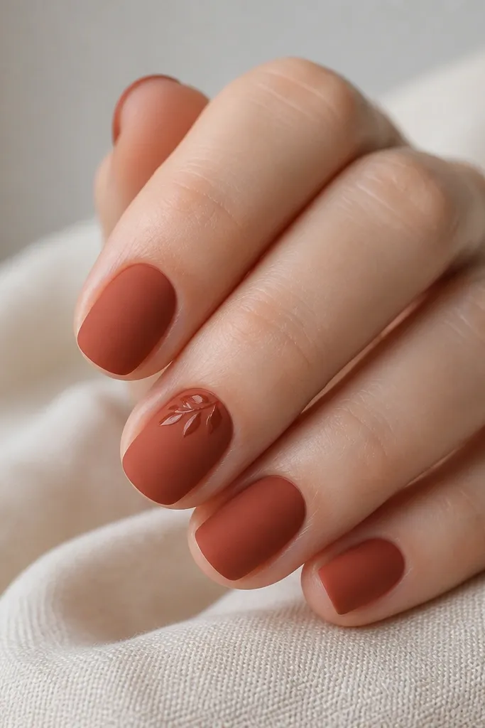 Short nails in burnt sienna matte finish. One accent nail has a glossy leaf silhouette near the cuticle, the rest are solid matte, all with neat cuticles.