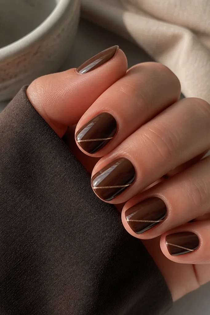 Short chocolate-brown nails with one thin diagonal gold stripe running from mid-nail toward the outer edge. The rest of the nail is solid brown with a glossy topcoat.