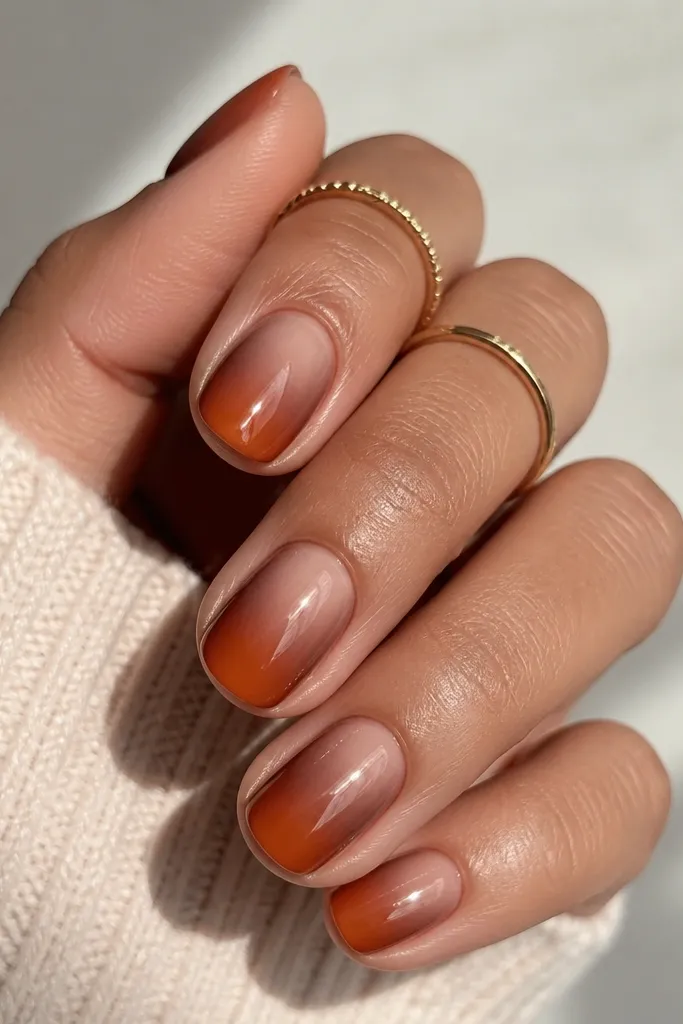 Short nails with a sheer nude middle fading into cocoa brown toward the sides and burnt orange concentrated near the tips. Smooth ombre blend with glossy finish.
