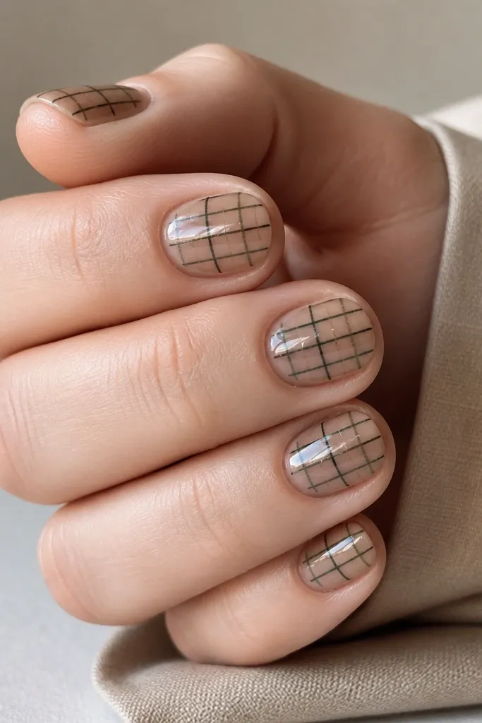 Short nude nails with tight plaid micro-checks. Lines are deep green and black forming small squares, with a glossy topcoat.