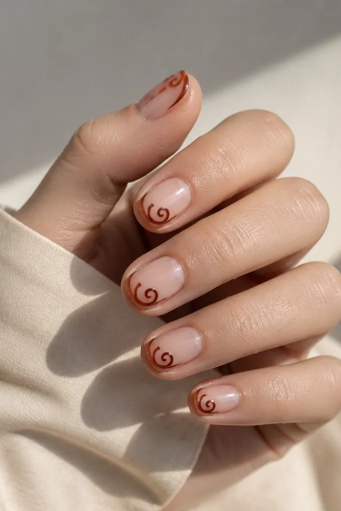 Short nails with a clear or very sheer base. At the tip, auburn swirls curl inward like small ribbon spirals, glossy and clean.