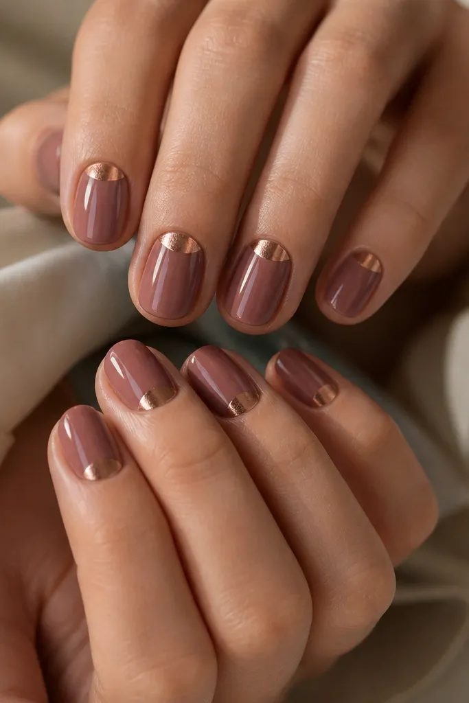 Short nails in smoked rose (dusty pink-brown) with a copper chrome half-moon at the cuticle area. Glossy finish, sharp half-moon shape.