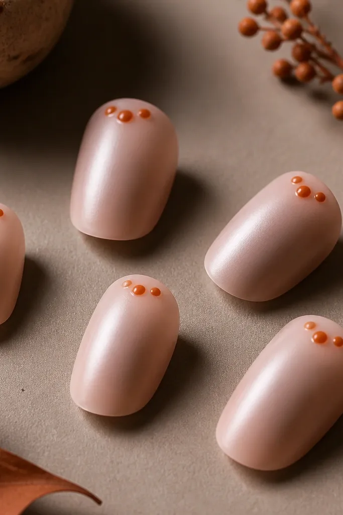 Short satin nude nails with a soft sheen. Near the cuticle on each nail is a tiny cluster of burnt orange dots arranged like a small constellation, glossy topcoat on the dots.